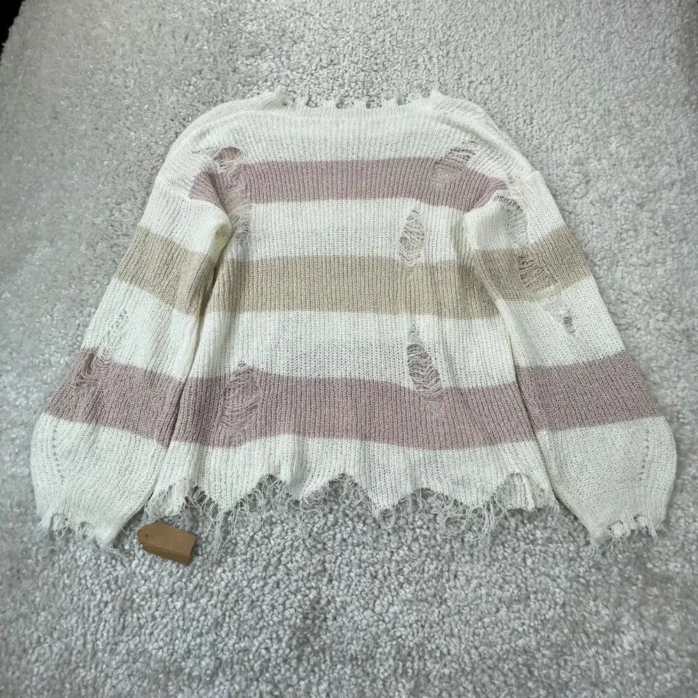POL White Multi Stripe Distressed Sweater Womens Small NEW
